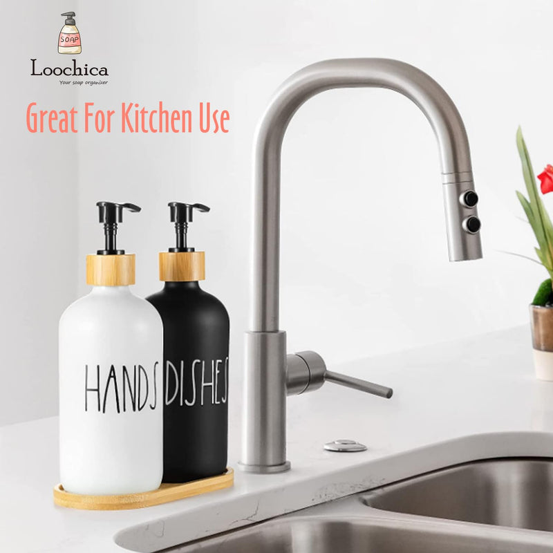LOOCHICA 2 Pack Glass Soap Dispenser Set with Tray, Hand and Dish Glass Soap Dispensers for Kitchen Sink, Kitchen Soap Dispenser Set Suitable for Black and White Kitchen Decor A01-black/White With Bamboo Tray