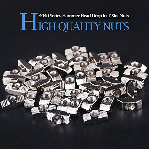 Glarks 100-Pieces 4040 Series European T Nut Assortment Kit, M3 M4 M5 Hammer Head Drop in T Slot Nuts for 40 Series Aluminum Profile - Nickel Plated Carbon Steel