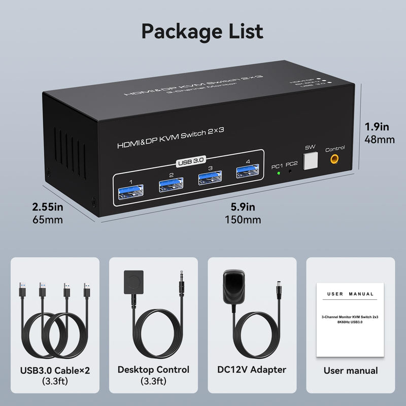 HDMI Displayport KVM Switch 3 Monitors 2 Computers 8K@60Hz 4K@120Hz USB 3.0 DP KVM Switch for 2 PC Share Multi Monitor and 4 USB Devices Included Support Extended & Copy Mode White