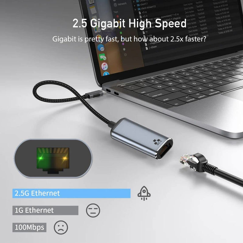 CY USB C to 2.5Gbps Ethernet Adapter,USB 3.1 Type C to RJ45 2500Mbps GBE Gigabit Ethernet Network LAN Cable Adapter for Laptop 2.5Gbps Grey