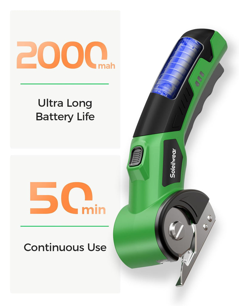 Cardboard Cutter, Rechargeable Cordless Electric Scissors, 4V Upgrade Motor Electric Box Cutter with 2 Blades, Safety Lock & LED Light, Powerful Cutting for Cardboard Box, Plastic, Leather Green