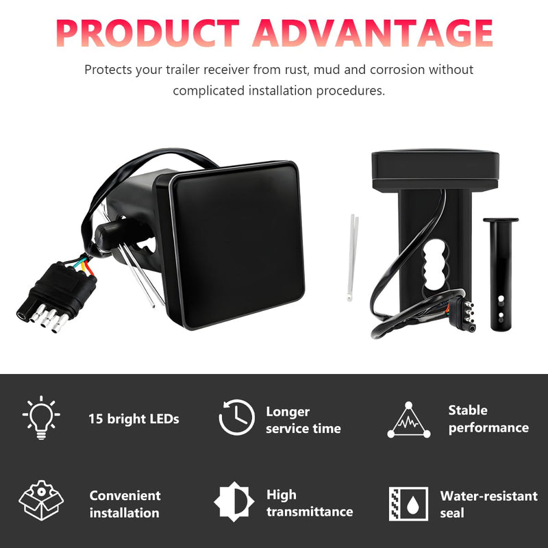 15 LED Brake Light Trailer Hitch Cover, Smoked Lens Square Brake Tail Light w/Trailer Adapter Pin, 12V Super Bright LED Towing Hitch Lighting Accessories Fit 2" Receiver (Black) Black