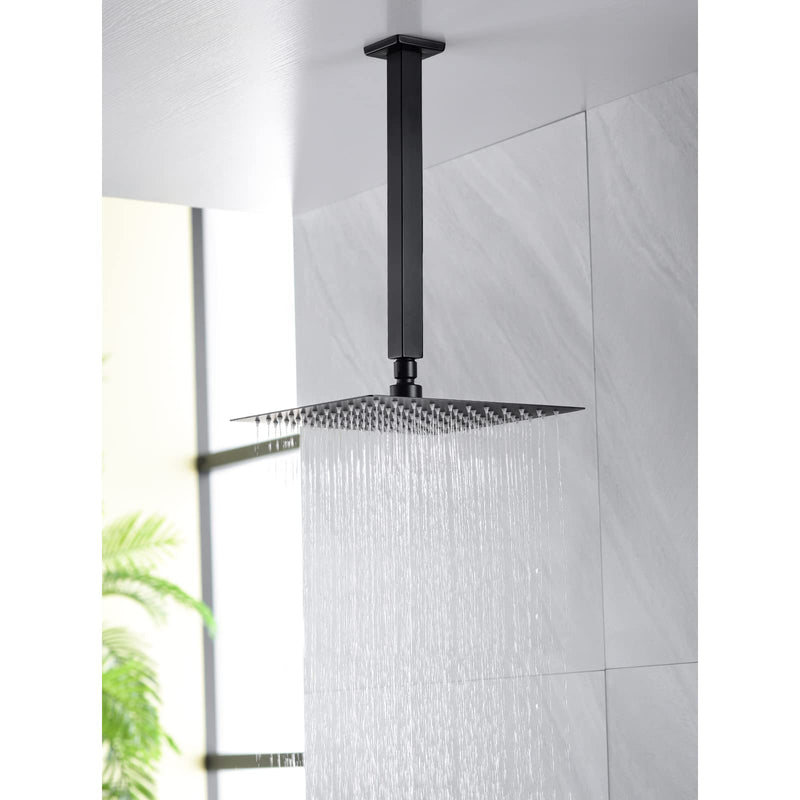 12 Inch Square Ceiling Mounted Shower Arm and Flange, Matte Black 12 Inch