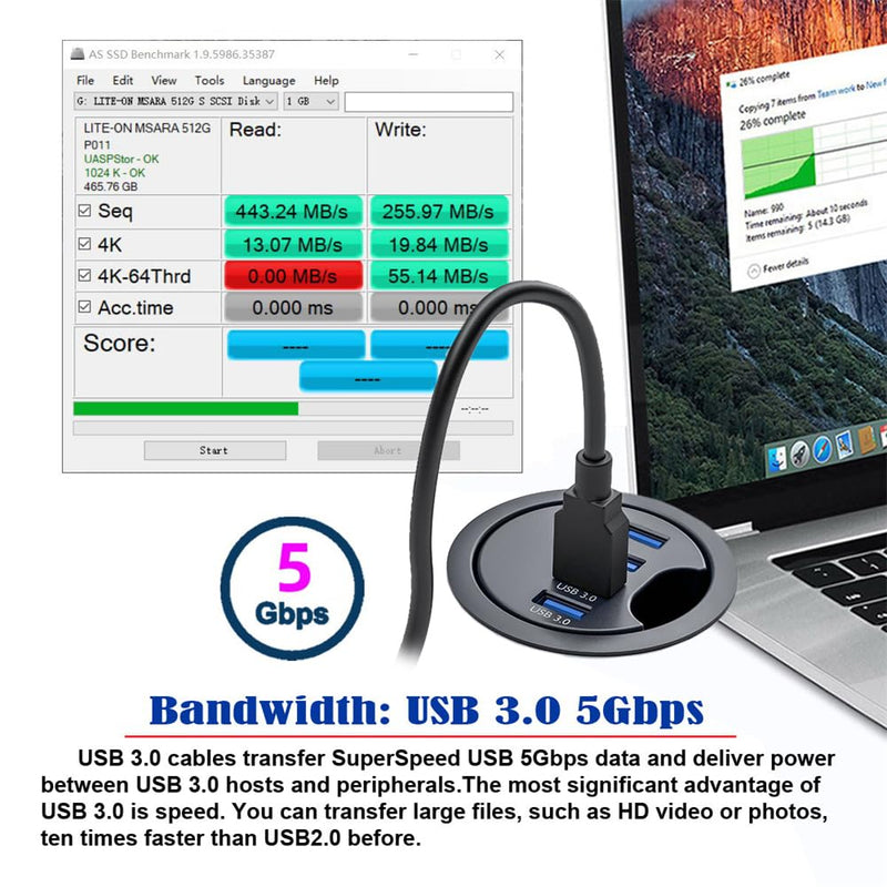 NFHK USB 3.0 Hub 4 Port USB 60mm Desk Grommet Splitter Dock Station Interface for Desktop PC Desk 4-USB3.0