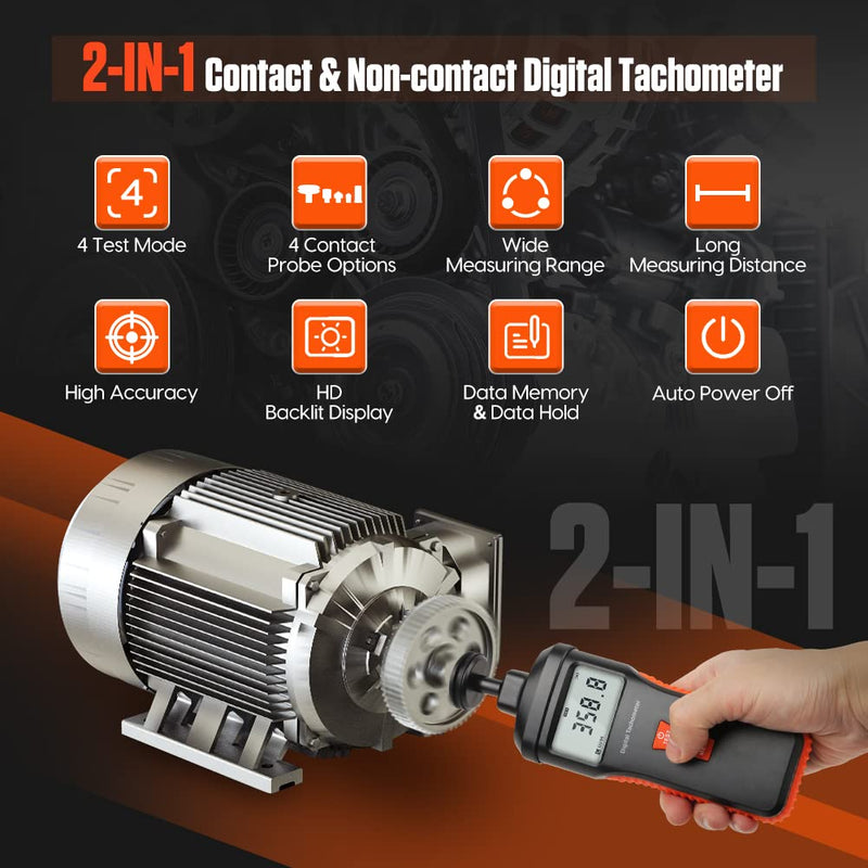 Tachometer Contact & Non-contact Digital Tachometer 4 Test Mode Laser Photo Tachometer 1.0～99999RPM High Accuracy RPM Tachometer with 4 Contact Probes, Backlit Display, Data Memory/Hold,Auto Power Off