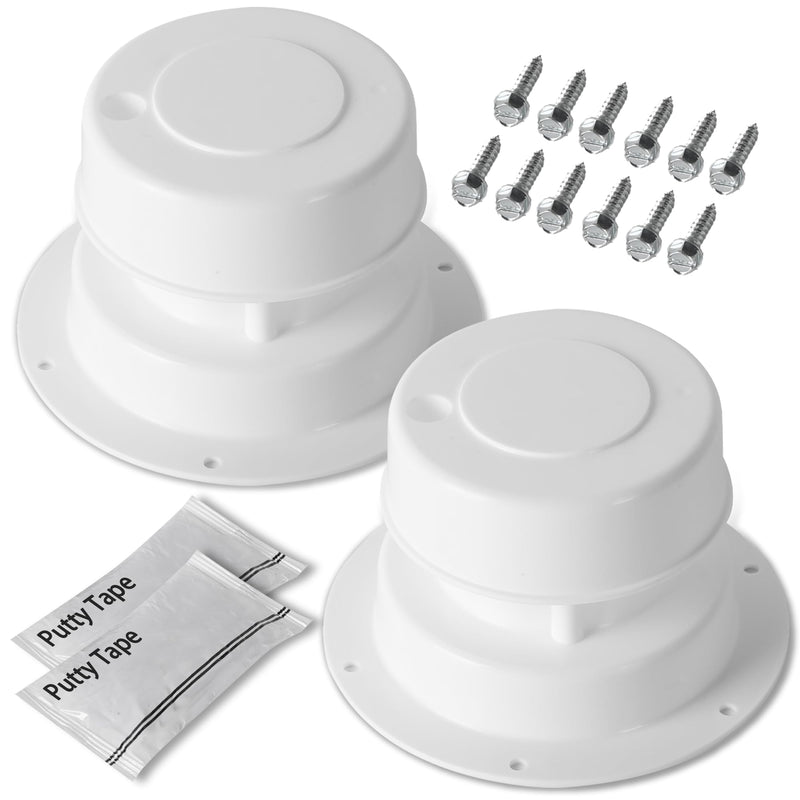 (2 Pack, White RV Roof Vent Cover Kits with Putty Tape and Screws, Camper Vents Cap for Trailer RV Roof Vent Cover Replacement, Camper Plumbing Vents Caps Kit for 1" to 2-3/8" OD Pipe 2 Pack-Plastic