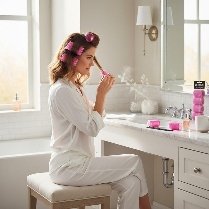 24 Extra Large Hair Rollers, Pink Self-Grip Styling Curlers, Professional Salon Quality, (6 Packs x 4 Rollers) 63mm Diameter