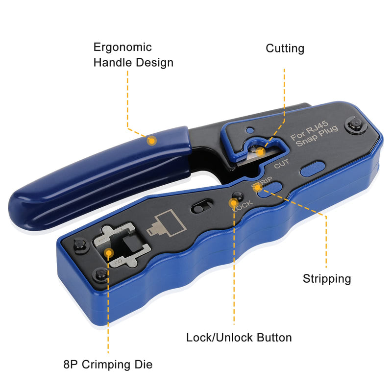 RJ45 Crimp Tool Kit Pass Through Ethernet Cat6 Cat6a Cat5e Crimping Tool with 20PCS Cat6 Pass-Thru Connectors,20 Covers,1 Wire Cutter Plier,1 Mini Wire Stripper and 1 Network Cable Tester Tool Kit 07