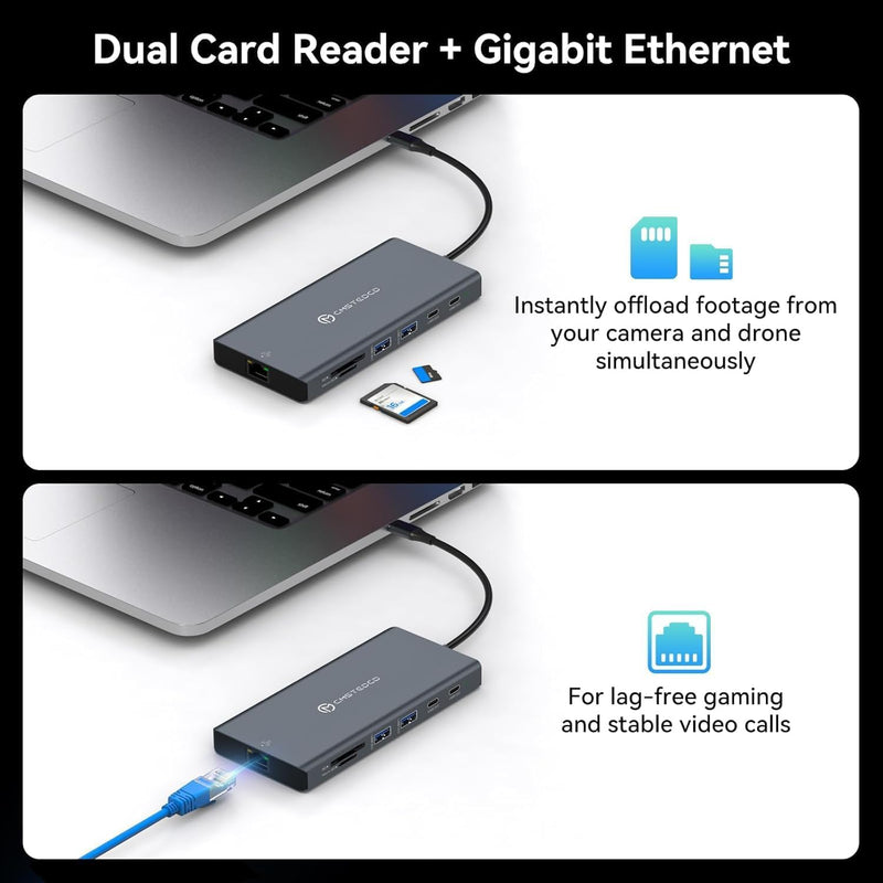 USB C Laptop Docking Station 3 Monitors with Dual DisplayPort 4K@120Hz and HDMI 4K@60Hz, 12 in 1 Thunderbolt Hub with USB A 3.0, USB C 3.2, Ethernet, SD, TF, PD 100W Medium grey