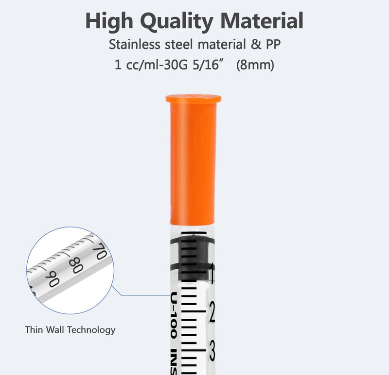 U-100 Syringes with Needle 30G 8mm (5/16") 1cc, Pack of 100 1ml 30G 5/16"
