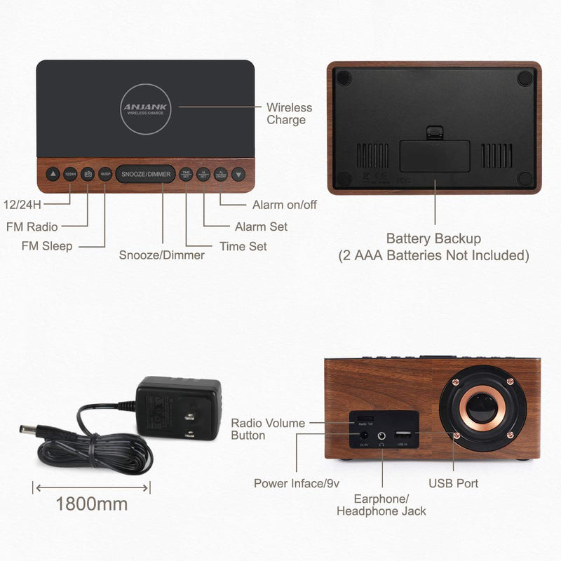 ANJANK Wooden Digital LED Alarm Clock FM Radio, Fast Wireless Charger Station for iPhone/Samsung Galaxy, 5 Level Dimmer, USB Charging Port, 9 Sounds, Sleep Timer for Bedroom, Bedside, Desk Brown