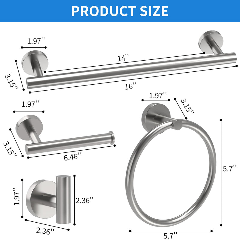 Brushed Nickel Bathroom Accessories, Bathroom Hardware Set, SUS304 Stainless Steel Bathroom Towel Holder Set, 16 Inch Towel Bar Set 5 Pcs, 2 Towel Hooks, Toilet Paper Holder, Towel Ring 16in Towel Bar Set Brushed Nickel