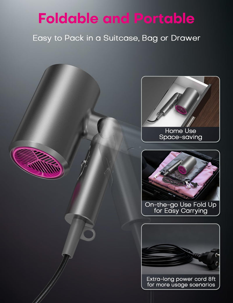 1800W Foldable Ionic Hair Dryer with Diffuser for Women & Men, Light Gray | 2 speed & 3 Heat Setting, Diffsuer & Concentrator for curly hair, Professional Blow Dryer, 100 Millions Negative ion