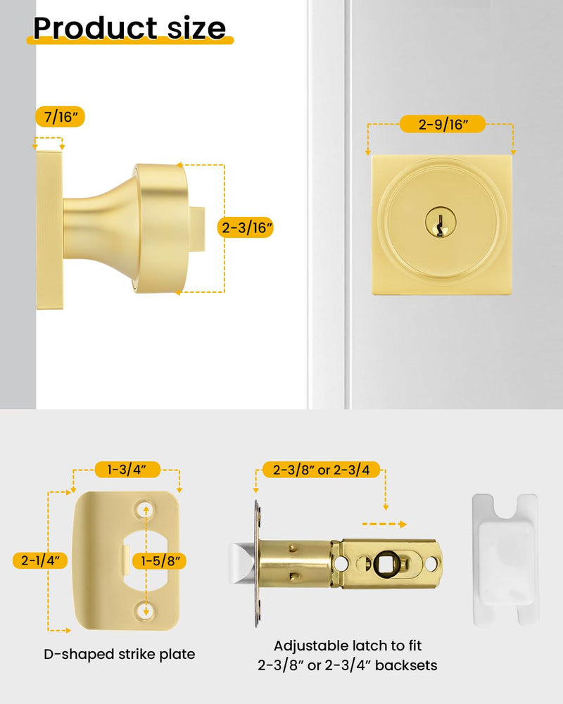 Goldenwarm Gold Entry Door Knob with Lock and Key, Zinc Alloy Brushed Gold Exterior Door Knobs for Front Door, 1 Pack