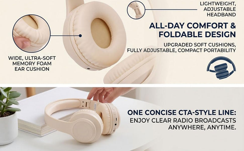 Tangxi Portable Personal FM Radio Headphones with Best Reception, Rechargeable & Foldable, FM Radio Ear Muffs Wireless Headset for Jogging, Mowing, Cycling, Meeting (Creamy White)