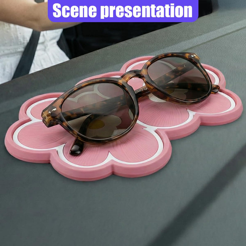 Flower-Shaped Car Dashboard Non-Slip Mat, 10.23''×5.9'' PVC Reusable Dash Gripping Pad, Multifunctional Auto Interior Sticky Organization Accessories for Cell Phone, Key, Coin (PinkWhite) PinkWhite
