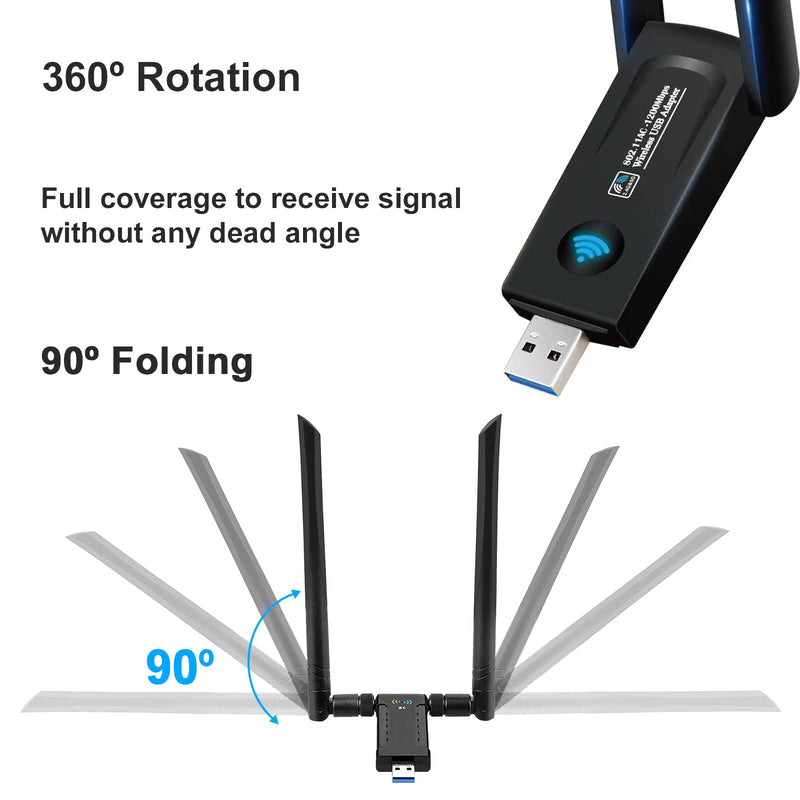 AC1200 High Power USB AC Wireless WiFi 5 Adapter Dongle 5dBi Dual Antenna 802.11AC