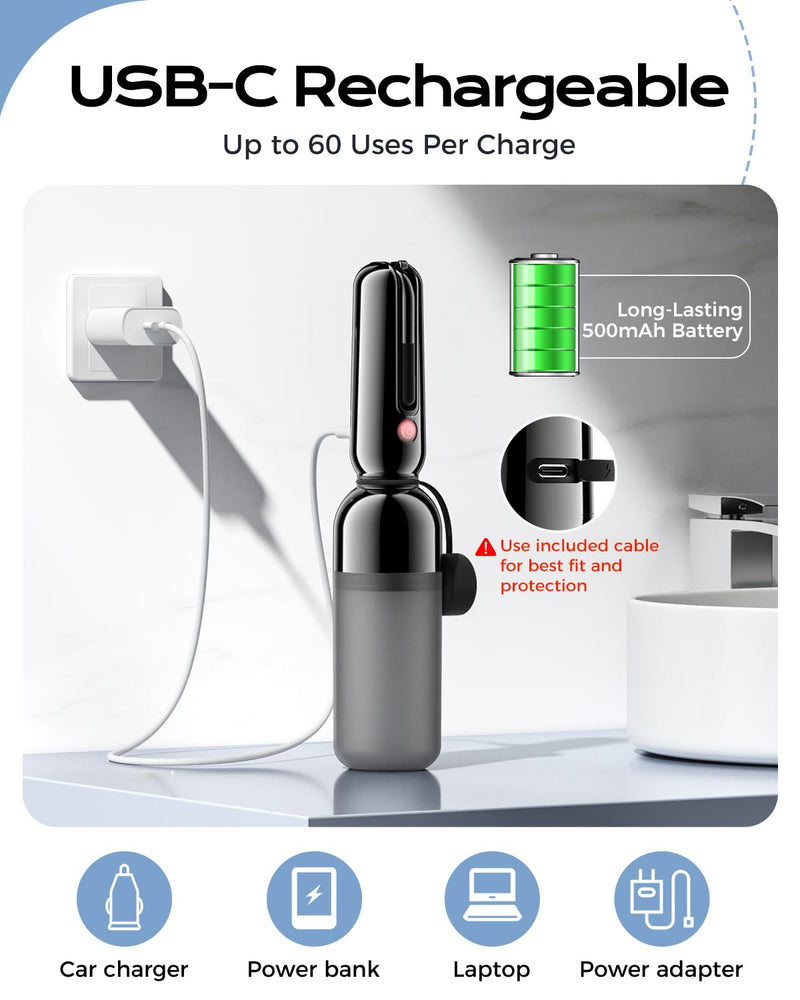 ESSAGER Portable Bidet for Travel, Foldable & Rechargeable Handheld Sprayer–Waterproof with 2 Pressure Modes, 350ml Expandable Bottle for Women, Men, Baby, Postpartum & Personal Hygiene(Black) Black