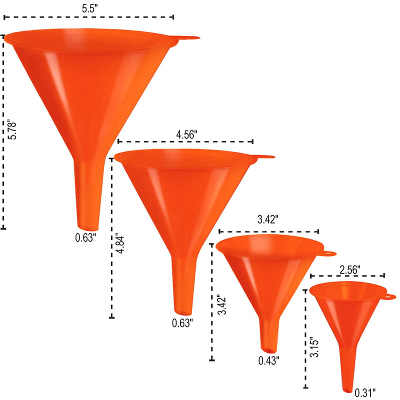 Plastic Funnel for Automotive Use - Kitchen Funnels for Filling Bottles, Jars, Containers or Lab Use - Oil Funnel for Gas, Car Oil, Lubricants and Fluids (Orange-4 Pack) Orange-4 Pack