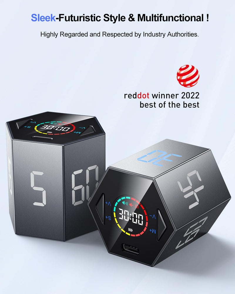 Pomodoro Timer Cube, Hexagon Productivity Timer, Pause & Resume, Silent, Vibrate & Adjustable Sound Alert, for ADHD, Task, Work, Study, 5/15/25/30/45/60min & Custom Countdown,Gray Gray