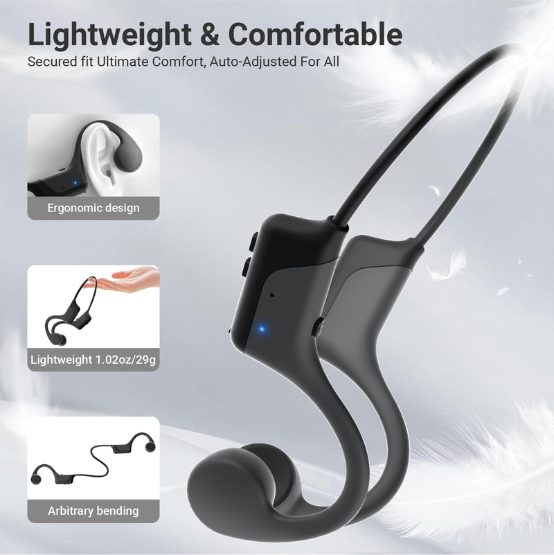 New Bone Conduction Open-Ear Headphones, Bluetooth 6.0, IPX5 Waterproof, 8H Playtime, Lightweight & Comfortable Sports Earphones for Running, Gym, Cycling, Workout, Sweatproof Wireless Headsets Black-Grey