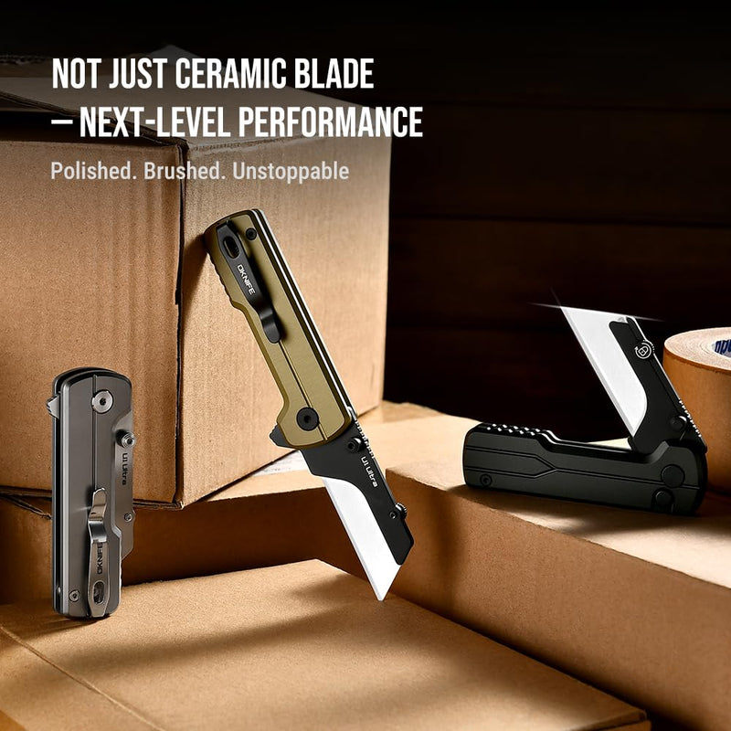 OKNIFE U1 Ultra Pocket Folding Utility Knife with Ceramic Blade, Lightweight O-Aluminum Handle Box Cutter with Clip, Button Lock Pocket Knife for Men Women (Olive Green) Olive Green