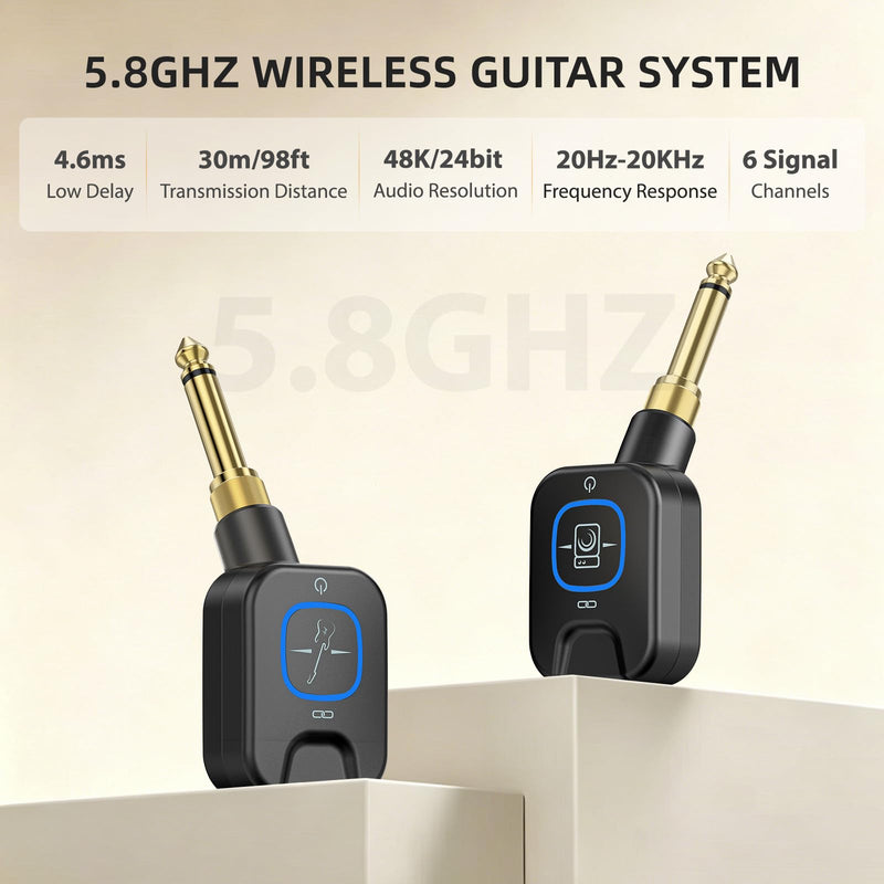 Wireless Guitar System 5.8GHz with Charging Box, Wireless Transmitter Receiver with 6.35mm/3.5mm 2-in-1 plug, 6 Channels, 18H Total Battery Life, for Electric Guitars, Bass black