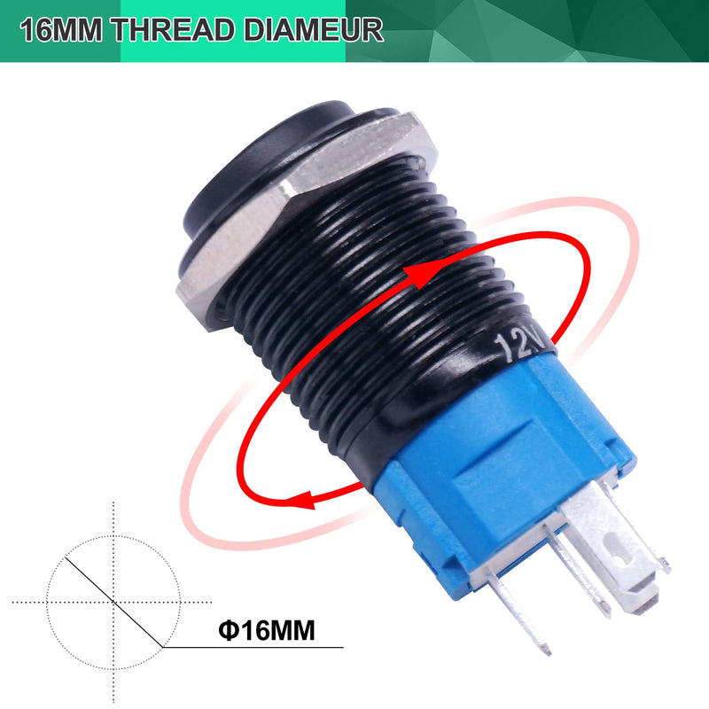 Twidec/16MM Raised Speaker Horn Momentary Push Button Switch 5/8" Mounting Hole 12V Blue Led Light Black Stainless Steel Shell 1NO 1NC SPDT with Pre-wiring Wires Switch For Car Modification BKG16LB-BU BK-blue