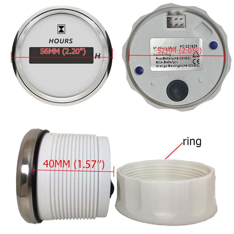 2 Inch/52mm Engine Hour Meter 0-99999.9H Adjustable Hourmeter 12V 24VDC for All Cars Boats (White&Silver) White&Silver