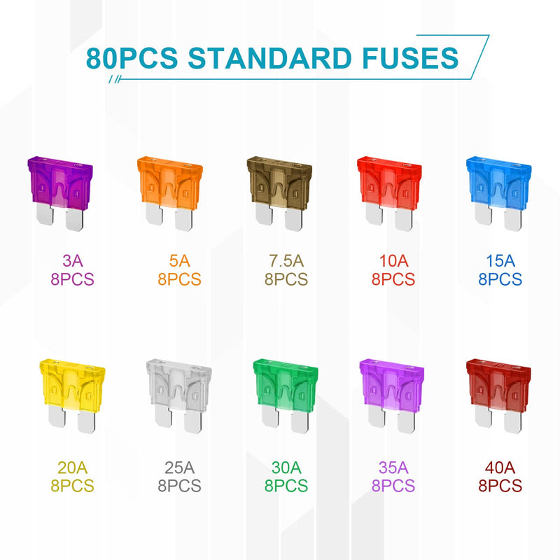 80Pcs Standard Fuse Kit, Upgraded Car Fuses Assortment Kit - Standard Size(3A/5A/7.5A/10A/15A/20A/25A/30A/35A/40A), Fuses Automotive kit for Cars, Trucks, Motorcycle, Camper, SUV