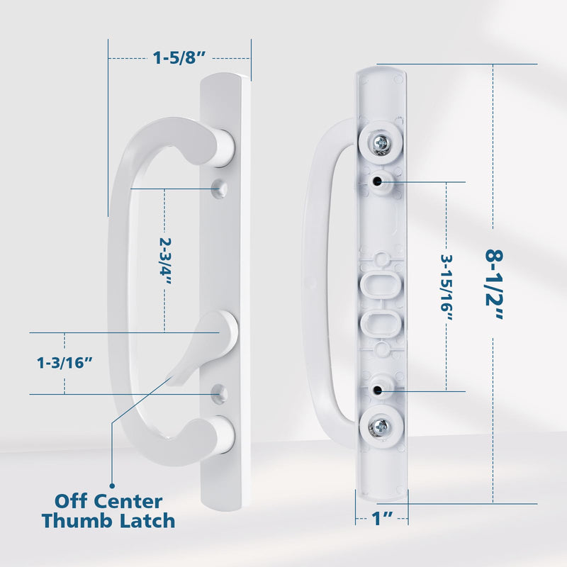 Sliding Patio Door Handleset, 45° Keyway, 3-15/16" H.C., Fits 1-3/8" to 2-1/4" Thick Doors, No-Handed, White Diecast, Offset Position Non-Keyed｜Off Center Thumb Latch Non Keyed-Only Handle