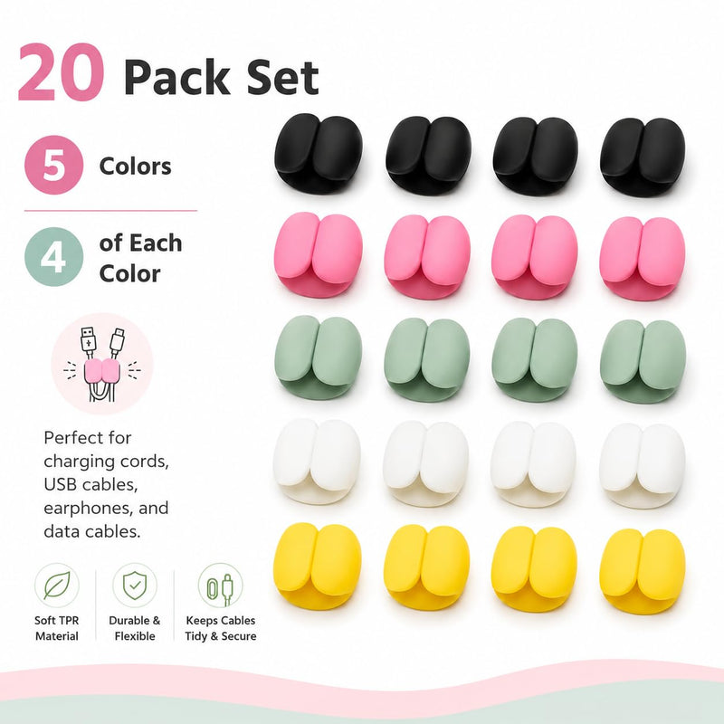 Cable Organizer Clips 20 Pack, Versatile Wire Management Holder for Charging Cords, Secure Adhesive Cable Clips for Desk Travel Home Office, Data Cable Tidy Organizer