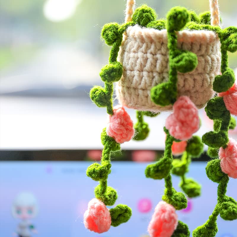 GZPCXMZ Boho Car Plant Crochet Hanging Accessories Crochet Plants for Car Rear View Mirror Cute Car Pink Plants for Women (002)
