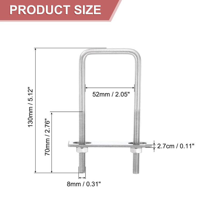 uxcell 4Sets 304 Stainless Steel Square U-Bolts, 2.05" (52mm) Inner Width 5.12" (130mm) Length M8 with Nuts, Frame Plate, Gasket for Automobiles Trailer, Ski Boat, Fishing Boat, Pipelines 50x130mm(W*L) 4