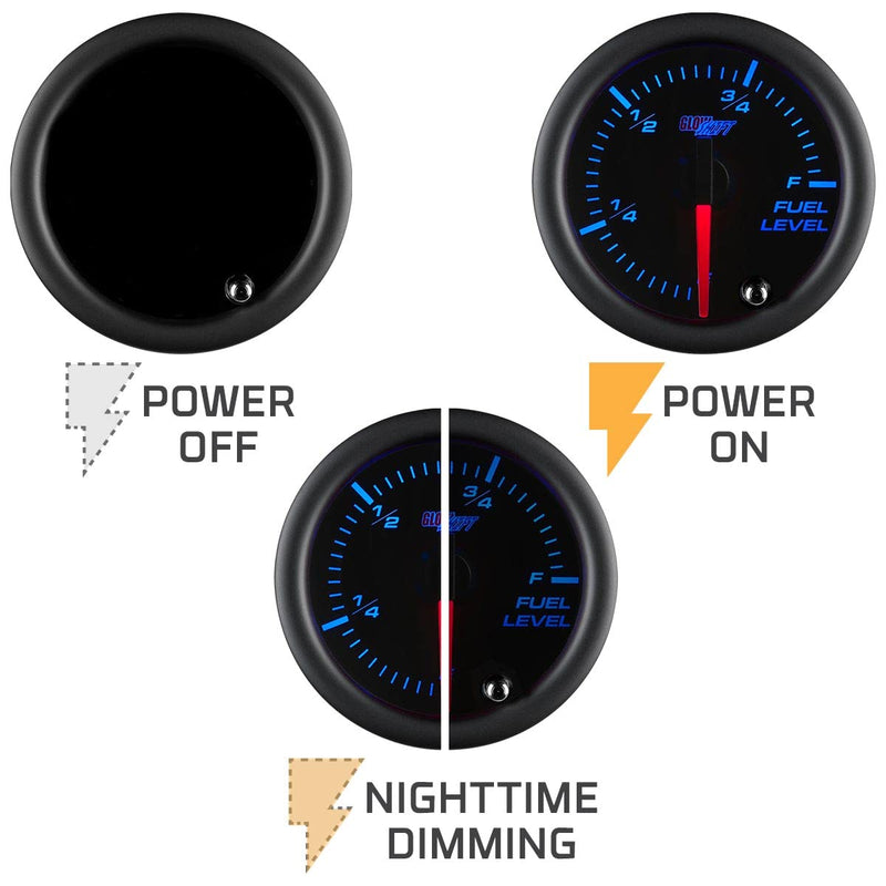 GlowShift Tinted 7 Color Adjustable Fuel Level Gauge - Black Dial - Smoked Lens - for Gas & Diesel Vehicles - 2-1/16" 52mm