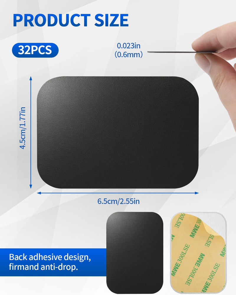 32 Pack Adhesive Metal Plate for Magnets - 2.55" X 1.77" Metal Plate with Adhesive Backing, Magnet for Phone Case and Magnetic Car Mount, Metal Plate for Phone Vent Wall Mount (Black) Black Rectangle-2.55*1.77 in