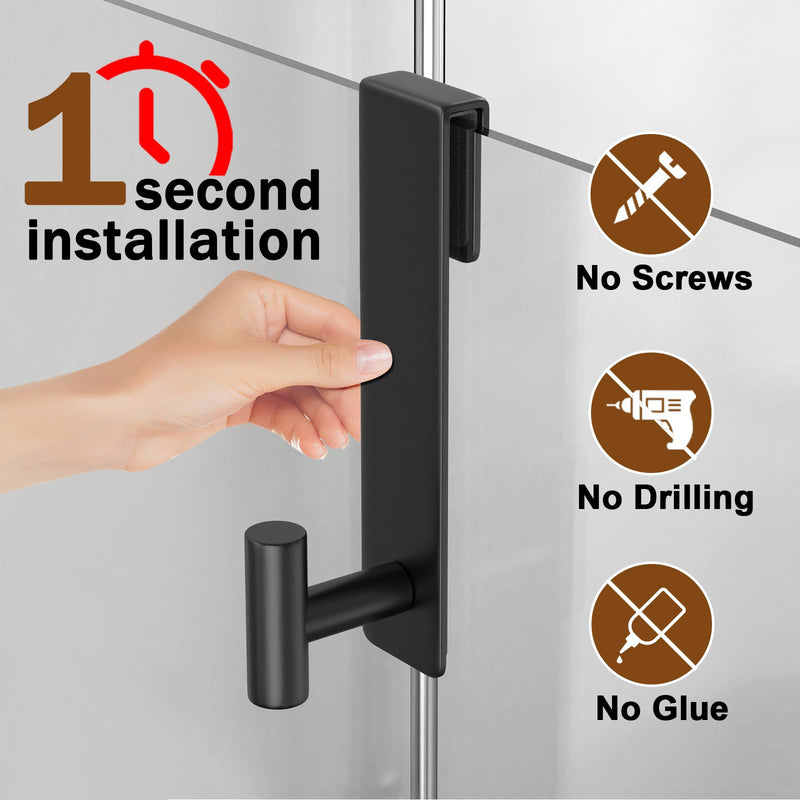 Shower Door Hooks, Heavy Duty Rack Hooks for Robe, Stainless Steel Towel Hooks for Bathroom, Fits Frameless Glass Shower Doors up to 3/8" (10mm) Thick (Black, 2 Pack) "T" Shape- 2 Pack Black