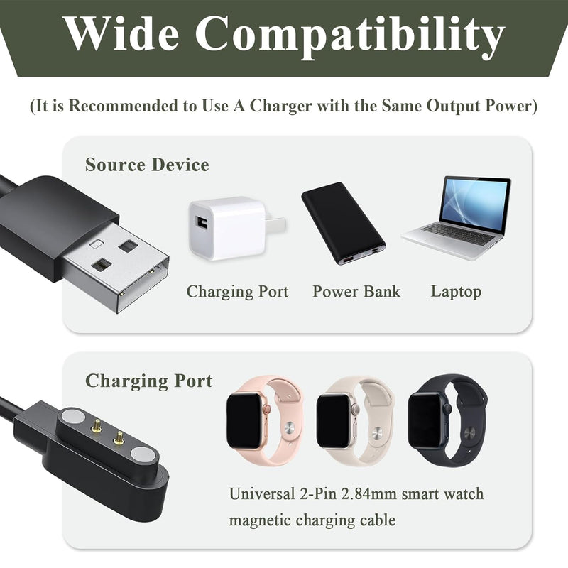 2-Pack Magnetic Smartwatch Charger for BIGGERFIVE Brave 2 BW01 BW02, Replacement USB Power Cord for Kids Fitness Tracker, 2-Pin Magnetic Suction Charging Cable Accessory, 2ft/60cm (NOT for Vigor 2L)