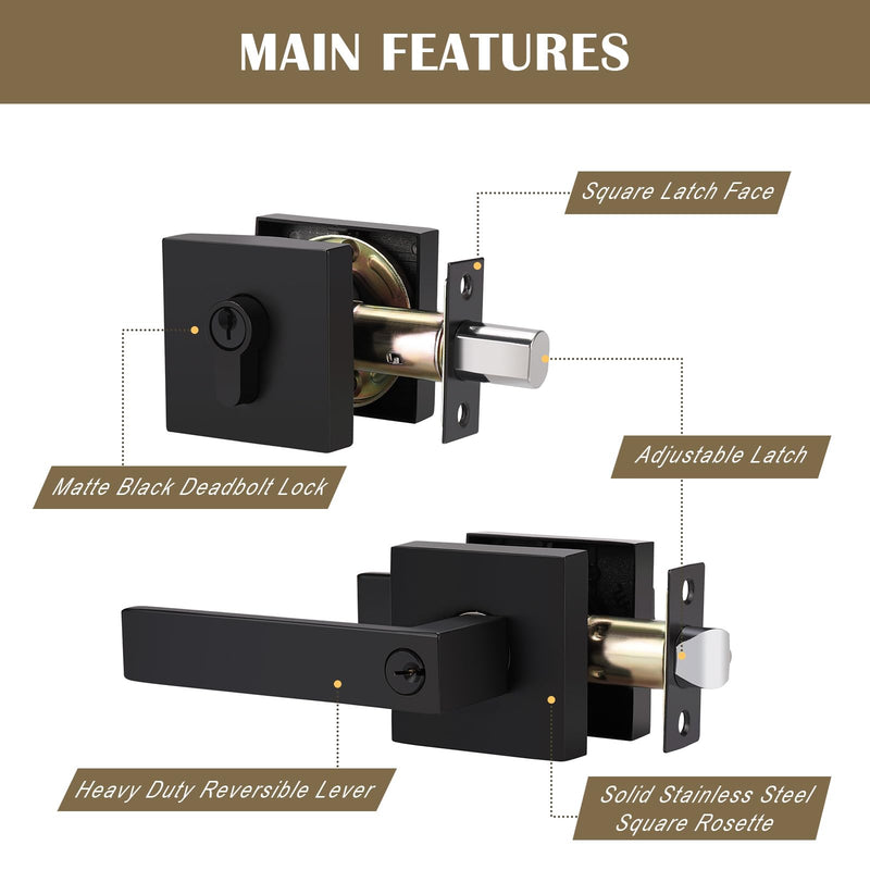 1 Pack Flat Black Square Entry Levers Locksets and Double Cylinder Deadbolts Combination Set, Heavy Duty Front Door Office Entrance Levers, Keyed Alike(All Same Keys) 1 Pack Modern Light Black