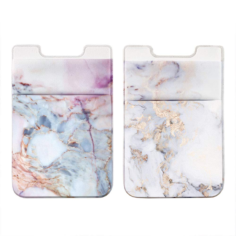 2Pack Phone Card Holder Stretchy Lycra Wallet Pocket Credit Card ID Case Pouch Sleeve 3M Adhesive Sticker on iPhone Samsung Galaxy Android Smartphones (Pink Marble & White Golden Marble) Pink Marble & White Golden Marble