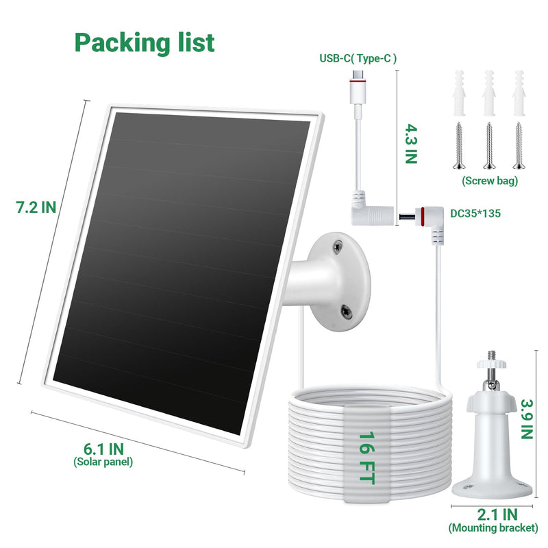 Solar Panel for Ring Camera Outdoor Wireless, Fast Charging 6W Solar Charger with USB-C & Barrel Plug for Ring Stick Up Cam & Spotlight Cam Series, Waterproof, 16ft Cable, White White-106-1