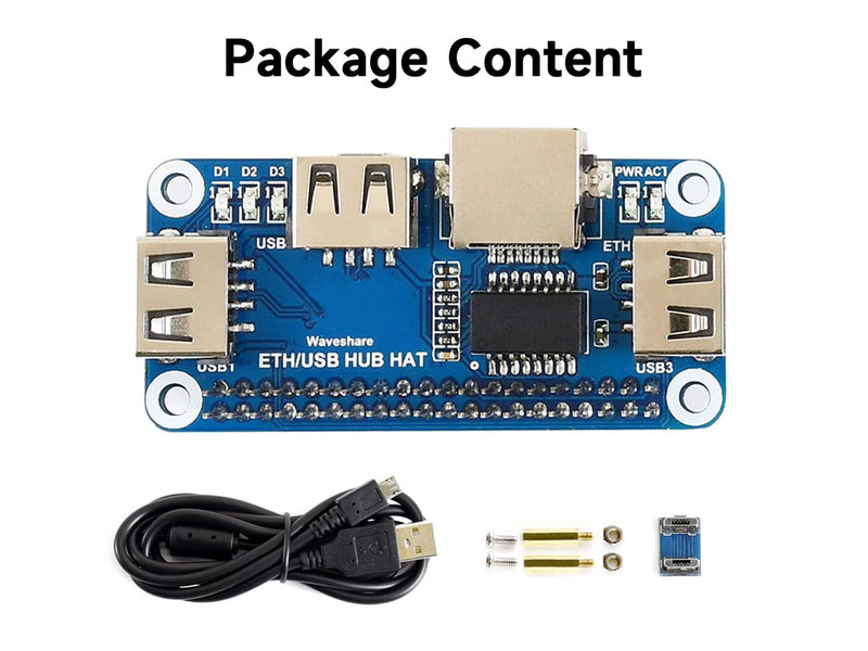 Waveshare Ethernet/USB HUB HAT, Compatible with Raspberry Pi 5/4B/3B/Zero/Zero W/Zero 2W/Pico/Pico W/Pico WH, 1x RJ45 Ethernet Port, 3X USB Ports