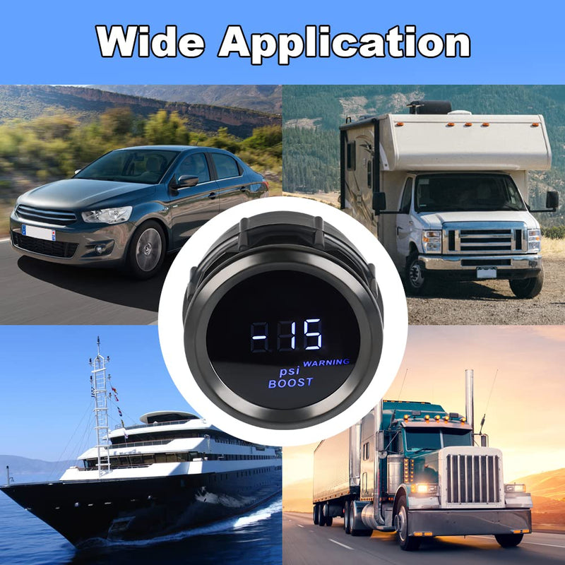 WATERWICH Turbo Boost Gauge PSI DC12V 2" 52mm Meter Kit with Boost Sensor for Car Truck Vehicle Automotive