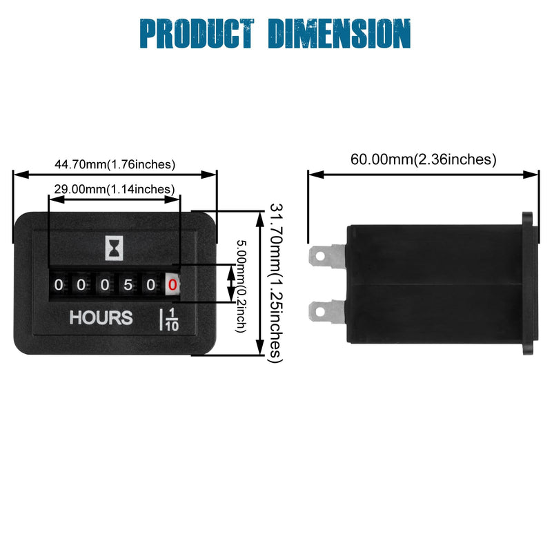 Runleader Mechanical Hour Meter for Maintenance,Volt.DC 6V to 80V for Lawn Mower Golf Cart Boat Forklift Motorhome Sawmil etc. DC 6V-80V