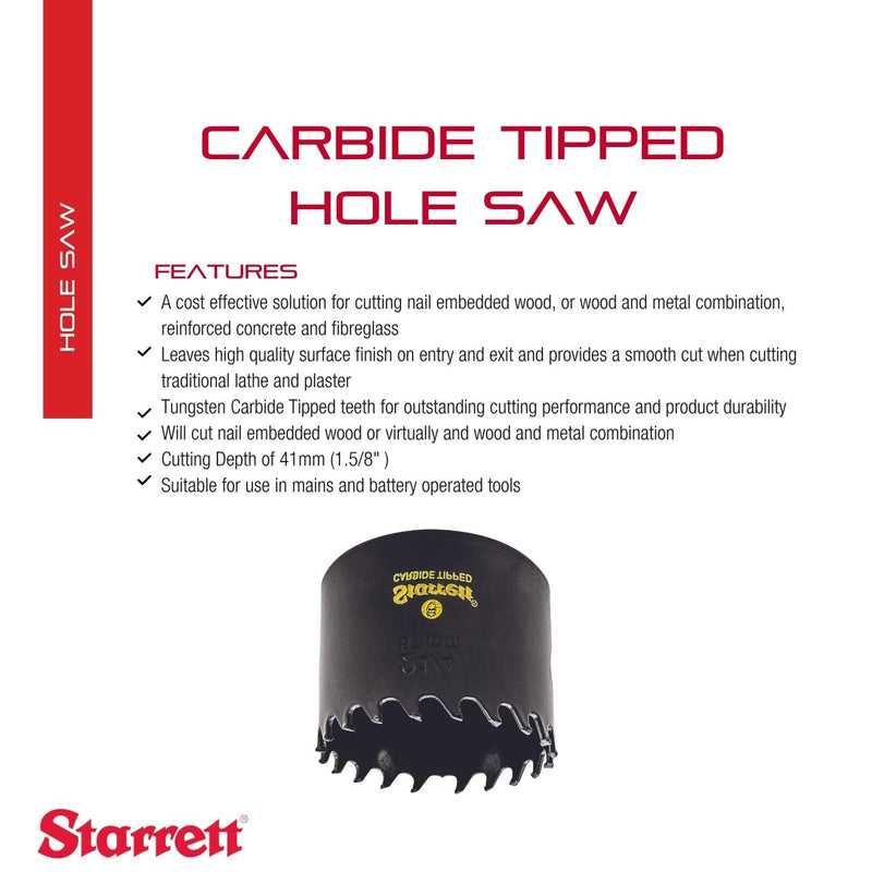 Starrett Carbide Tipped Hole Saw with Premium Quality Surface Finish - Ideal for Wood, PVC and Fiberglass - 3 Teeth per Inch, 2-1/4" Diameter, 1-5/8" Cutting Depth - CT214 2-1/4"
