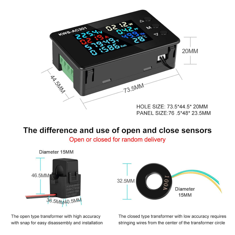 AC Voltmeter Ammeter 50-300V 0-100A Digital Multimeter 110V 220V LCD HD Display Current Voltmeter With Closed Current Transformer 8 In 1 Multifunction Electric Energy Meter Power Detector 100A with Closed Current Transformer
