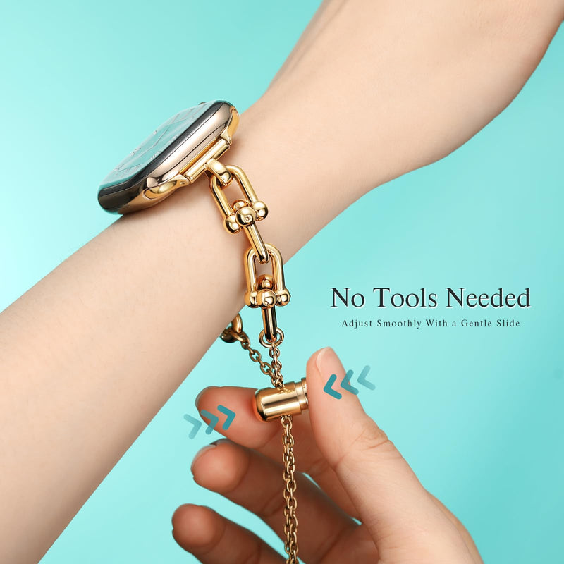 Slim Bracelet for Apple Watch Series 11-3 SE 3/2/1 Ultra Women iwatch Bands | U-Shaped Jewelry Design, Push-Button Drawstring Lock, Fits 38/40/41/42/44/45/46/49mm, Adjustable Length, Dressy Gift for Her Gold 38/40/41/42mm(Series 11/10)
