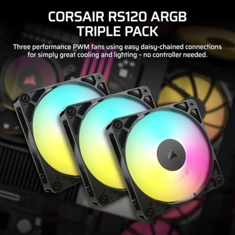 CORSAIR RS120 ARGB 120mm PWM Fans – Daisy-Chain Connection – Low-Noise – Magnetic Dome Bearing – Triple Pack – Black 3 x 120mm