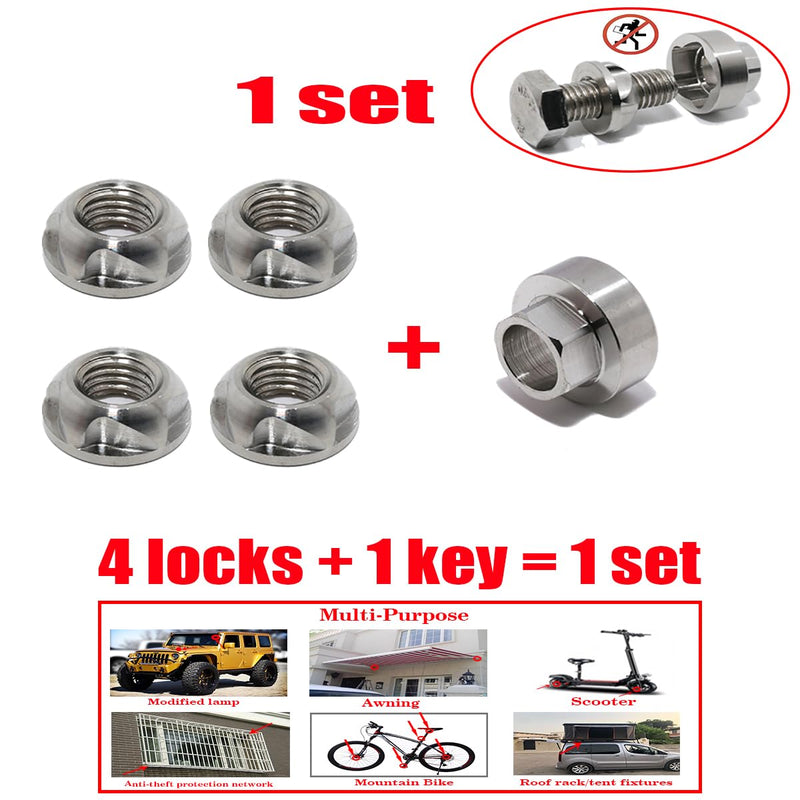M9 P1.25 304 Stainless Steel Anti-Theft Locking Nuts Security Hardware Kit for Mountain Bike Awning Car Accessories for Styling Light Bar Safety,(4 Lock+ 1 Key) M9