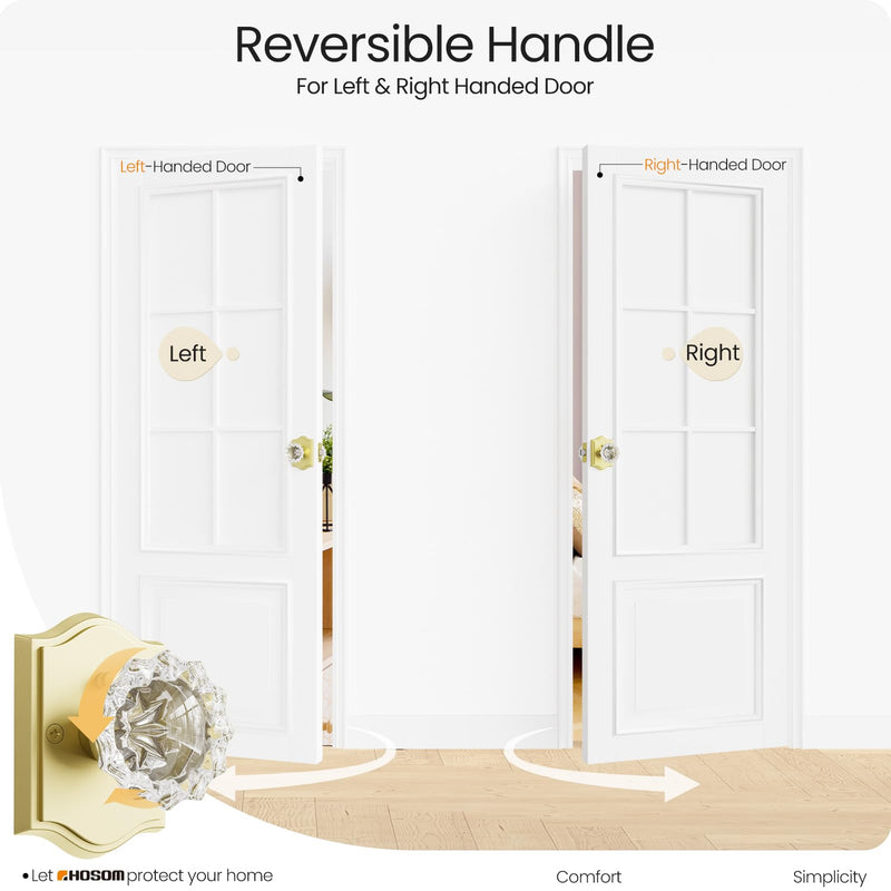 HOSOM Glass Door Knobs with Lock, Privacy Door Knob, Keyless Gold Door Knobs, Crystal Door knobs Interior Door Lock for Bedroom, Bathroom, Gold Privacy+Satin Brass Round Cover With bead